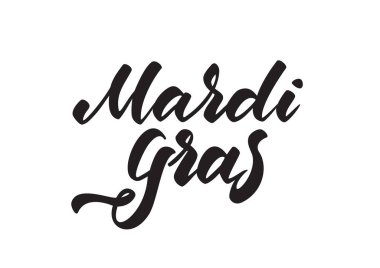 Vektör illüstrasyonu: Beyaz arkaplanda izole edilmiş Mardi Gras harflerinin el çizimi modern fırça tipi