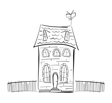 Beyaz arka planda elle çizilmiş karalama evi. Çizgi çizimi.