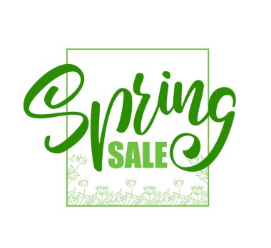 Vektör illüstrasyonu: Bahar Satışı 'nın elle çizilmiş çiçek unsurlarıyla el yazması harf kompozisyonu.