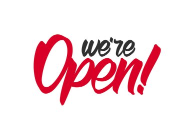 Vektör illüstrasyonu: Beyaz arkaplanda Açık Olduğumuzun el yazısıyla yazılmış harfleri.