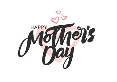 Vektör illüstrasyonu: Beyaz zemin üzerinde pembe kalpler olan Mutlu Anneler Günü 'nün süslü harf kompozisyonu.