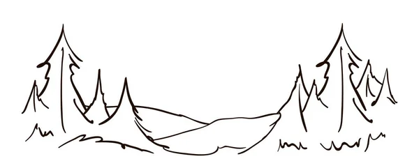 Vector Hand menggambar sketsa pemandangan dengan bukit dan pinus. Desain baris - Stok Vektor