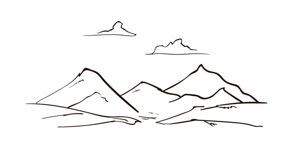 Vector Hand drawn Mountains sketch landscape with peaks and clouds. Line design — ストックベクタ