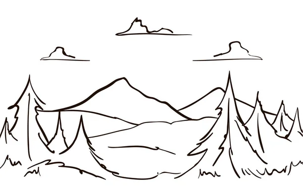 Vector Hand drawn Mountains sketch landscape with hills, pine and clouds. Line design — Vetor de Stock