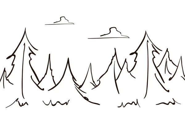 Vector Mão desenhado esboço floresta paisagem pinheiro e nuvens. Desenho da linha — Vetor de Stock