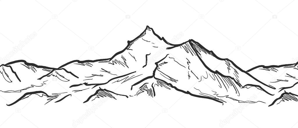 Vector illustration: Hand drawn Mountains sketch landscape with rocks and peaks