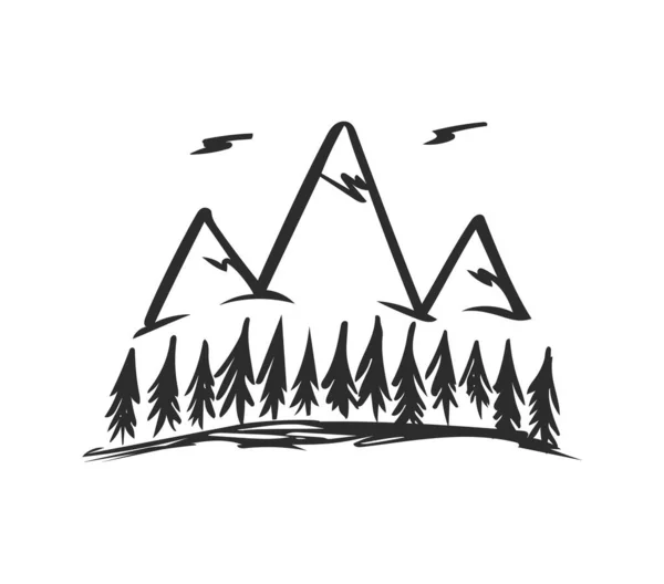 Illustrazione vettoriale: Montagne disegnate a mano schizzo icona paesaggio con cime e pini — Vettoriale Stock