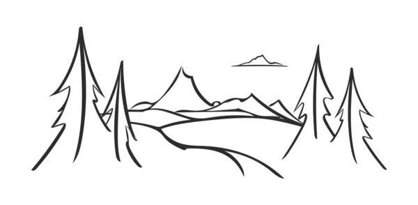 Vector montañas bosquejo paisaje con pinos en primer plano. Diseño Otline. — Vector de stock