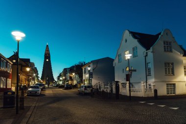 REYKJAVIK, ICELAND-ECTOBER 31,2017: Hallgrimskirkja Katedrali. Geceleri sokağın karşısına bak..