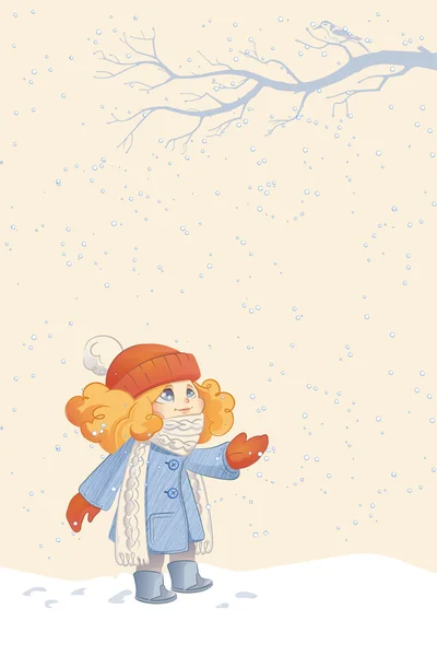 हिवाळी मुलगी आणि बर्फ पडणे. व्हेक्टर स्पष्टीकरण — स्टॉक व्हेक्टर