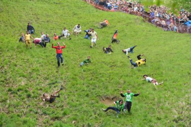 The traditional cheese rolling races in Brockworth, UK.