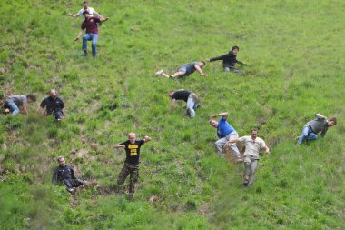 The traditional cheese rolling races in Brockworth, UK.