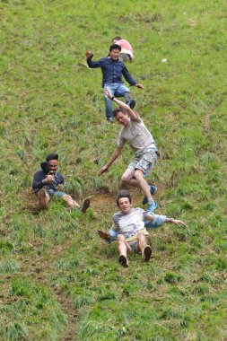 The traditional cheese rolling races in Brockworth, UK.