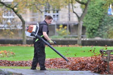 Bir adam kullanıcıları genel bir parkta düşmüş sonbahar temizlemek için bir üfleyici yaprakları 