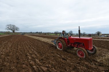 Bir traktör Saban bir alanda çeker. 