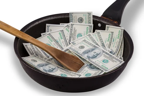 Χρήματα σε Μεταχειρισμένο μη αντικολλητικό τηγάνι — Φωτογραφία Αρχείου