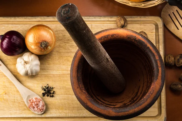 Overhead Food Shot with mortar and pestle Royalty Free Stock Images