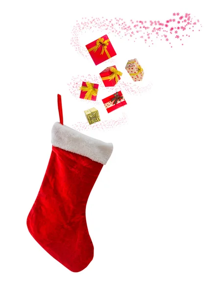 Calzino rosso di Natale e scatole regalo — Foto Stock