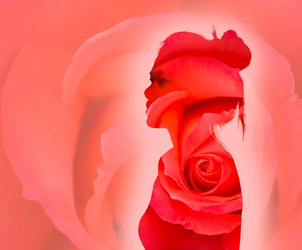 Dobbelt eksponeringsportrett av en ung kvinne og en rose – stockfoto