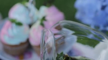 Tatlılar niteliğine beyaz masa. Düğün pastaları ve çiçekler. Tatlı topları. Boş gözlük payet ile. Dekor tatlı tablo. Beyaz masa ve sandalyeler doğada. Limon kireç içki.