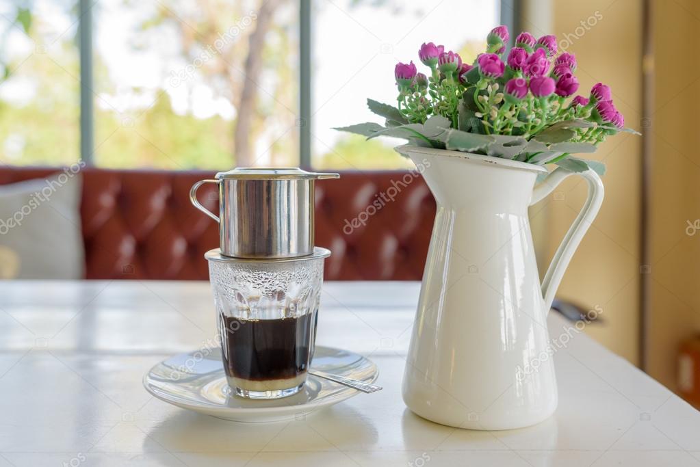 Coffee dripping in vietnamese style at a cafe