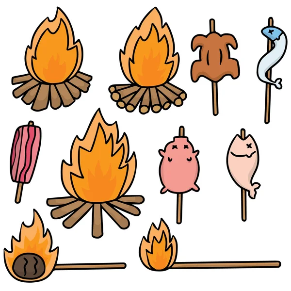 Векторний набір вогнища і смаженої їжі — стоковий вектор