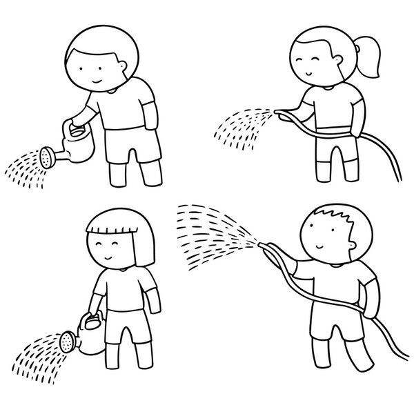 vector set of watering by watering can and watering tube
