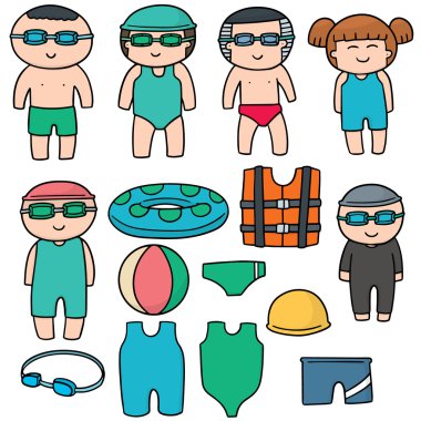 vektör set bir yüzücü ve yüzme aksesuarları