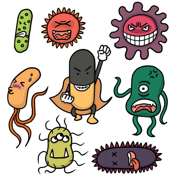 Vector conjunto de bacterias y antibióticos — Vector de stock