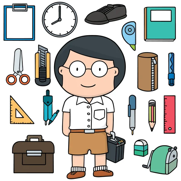 Vector set van student en stationaries — Stockvector