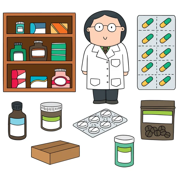 Векторный набор аптекарей и лекарств — стоковый вектор
