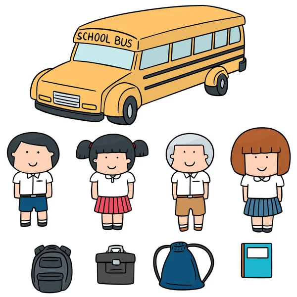 Vector set of student and school bus — Stock Vector