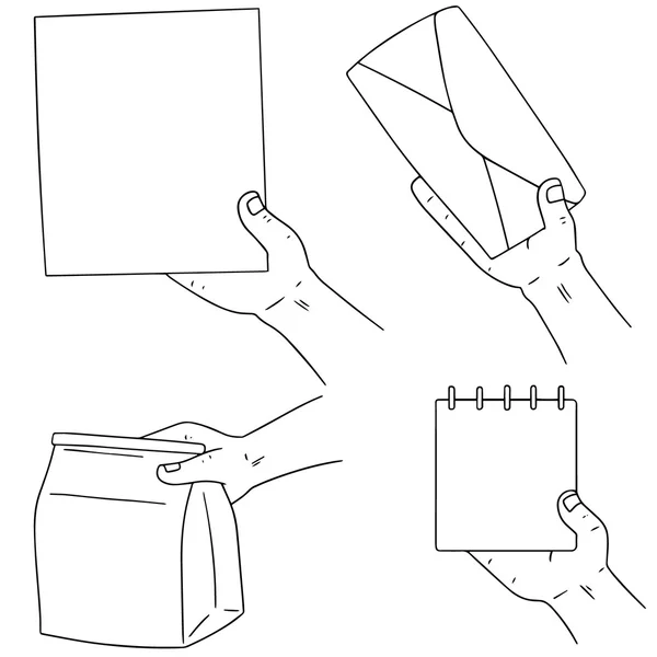 Vector conjunto de papel de mano, sobre, bolsa de papel y cuaderno — Vector de stock