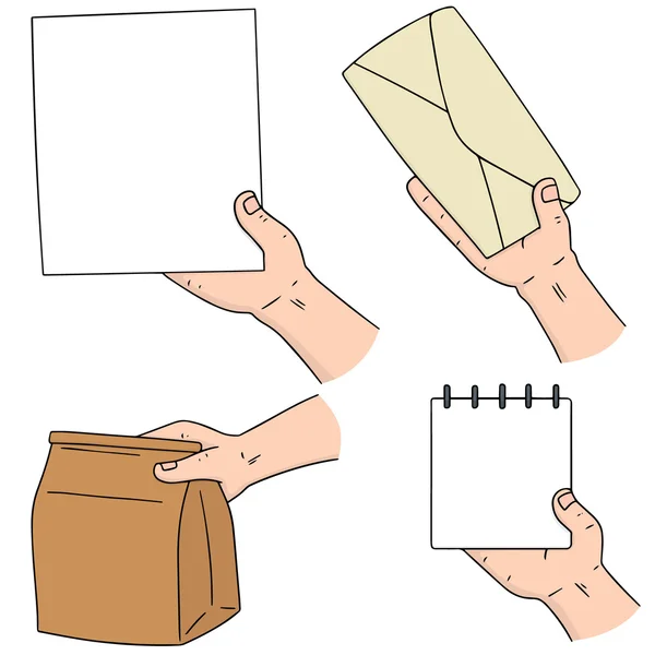 Conjunto vetorial de papel de mão, envelope, saco de papel e notebook — Vetor de Stock