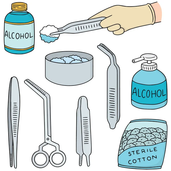 Juego de vectores de forcep, alcohol y algodón estéril — Vector de stock