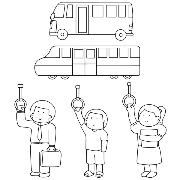 Conjunto vetorial de passageiros no transporte público (ônibus, trem ) — Vetor de Stock