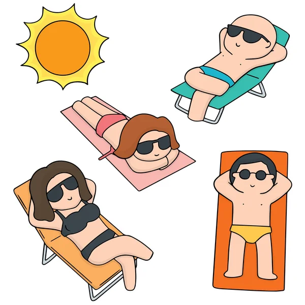 Vector set of people sunbathing — Stock Vector