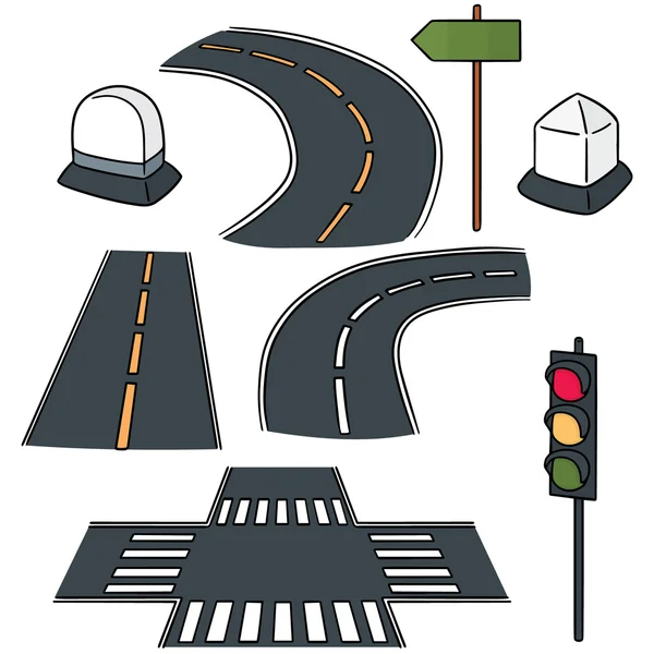Conjunto vetorial de estrada, marco, semáforo e posto de direção —  Vetores de Stock