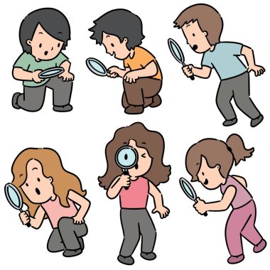 Büyüteç kullanan insanların vektör kümesi