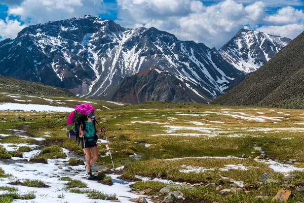 Turist gå på snötäckta alpina ängar i manlighet sortiment — Stockfoto