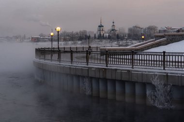 Angara embankment in Irkutsk, shrouded in fog