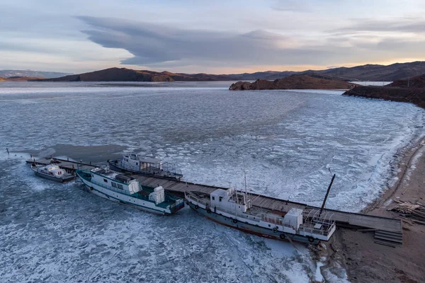 Vista Aérea Del Puerto Pueblo Sakhyurta Lago Baikal Diciembre —  Fotos de Stock