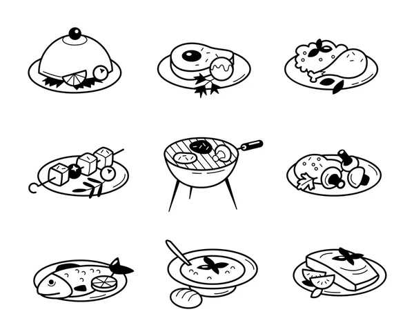 Simgeler düz tasarım food restoranlar ve kafeler. Doğrusal vektör çizim farklı yemekler, et, balık, mantar.