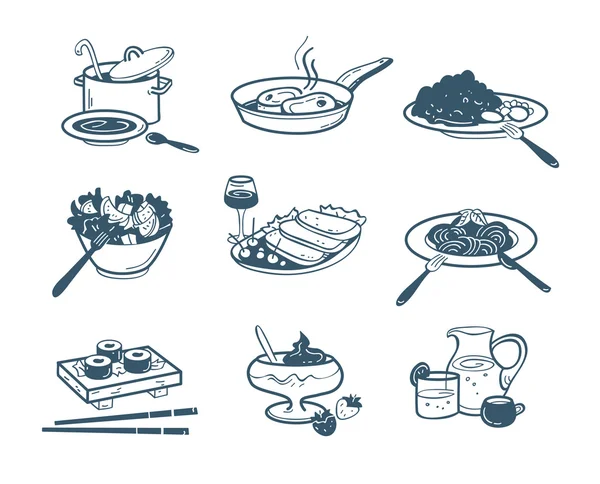 Vektor illustration uppsättning huvudrätter för design av restauranger och caféer. — Stock vektor
