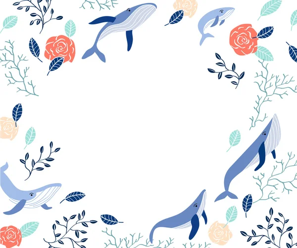 Çiçekler ve balinalar, pastel renkler doğal vektör dokusuna. 