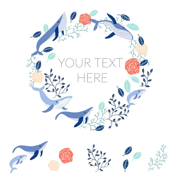 Vector flowers and whales in circle. — Stock Vector