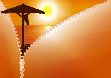 Sahilde günbatımı. Renkli vektör arka plan.