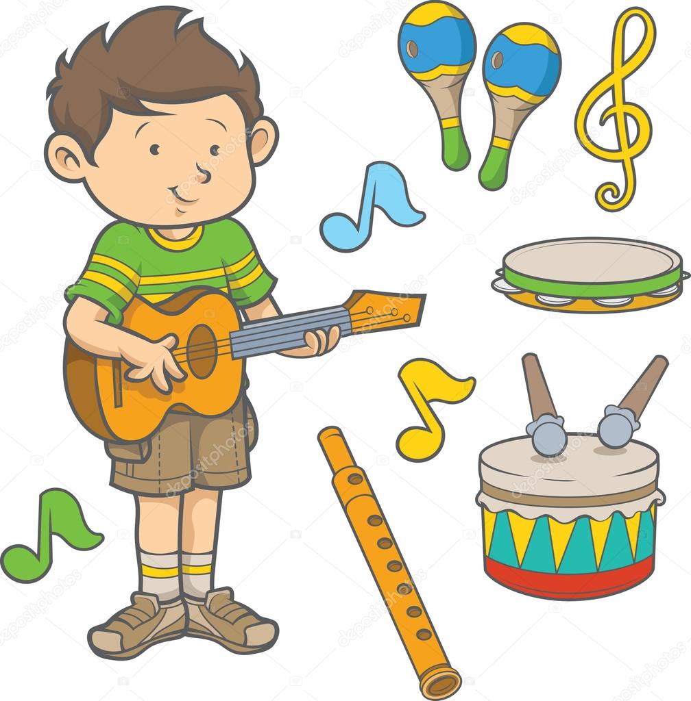 Cartoon young boy playing guitar surrounded with musical instrument
