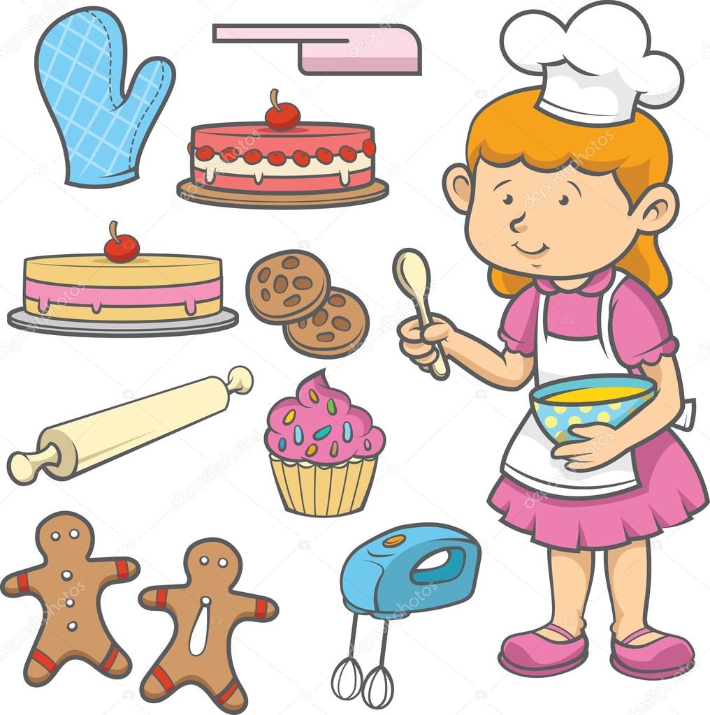 Cartoon girl cooking cake surrounded with cooking appliance