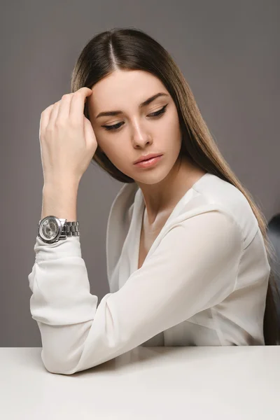 Portrait beautiful girl in white blouse and black skirt — Stock Photo, Image